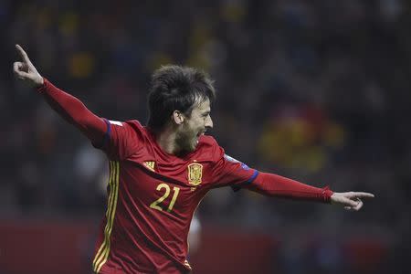 Football Soccer - Spain v Israel - 2018 World Cup Qualifying European Zone - Group G - El Molinon Stadium, Gijon, Spain, 24/3/17 Spain's David Silva celebrates after scoring first goal. REUTERS/Eloy Alonso