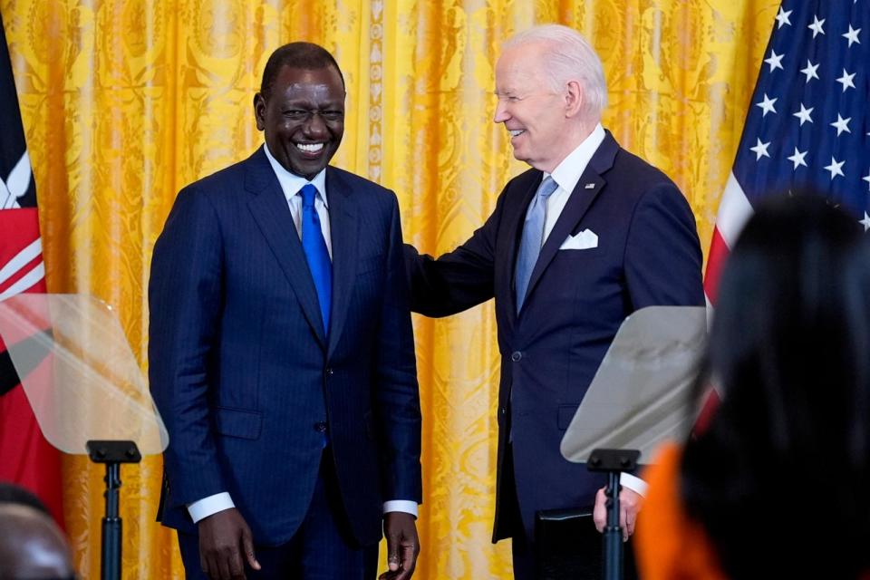 PHOTO: President Joe Biden and Kenya's President William Ruto talk following a news conference in the East Room of the White House in Washington, D.C., on May 23, 2024. (Susan Walsh/AP)