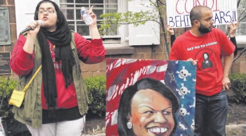 Rutgers student Amani Al-Khatahtbeh of East Brunswick on Monday, April 28, 2014, criticizes the selection of Condoleezza Rice as commencement speaker.
