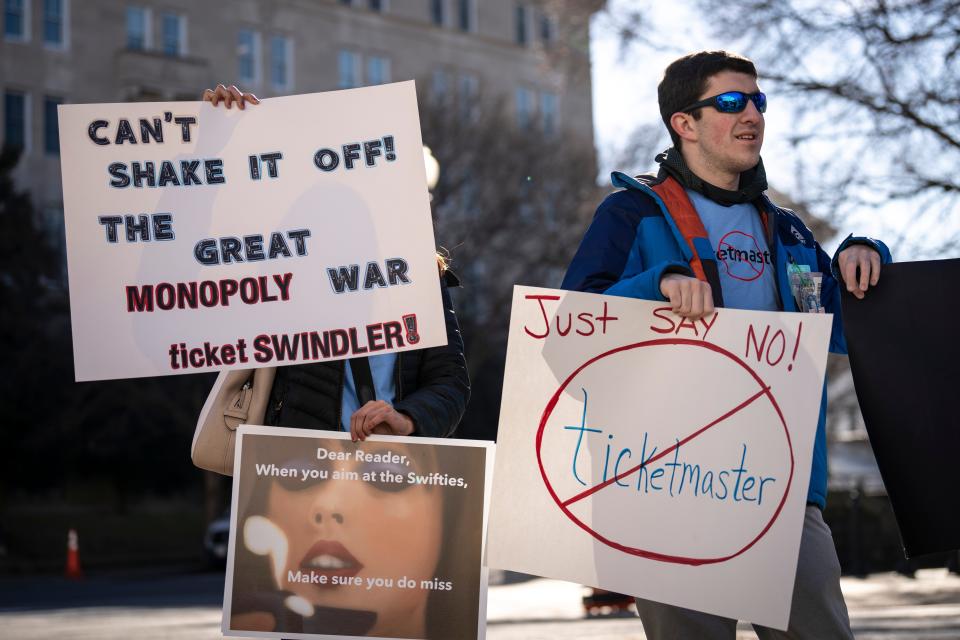 Amy Edwards and Parker Harrison demonstrate against the live entertainment ticket industry outside the U.S. Capitol on Jan. 24.