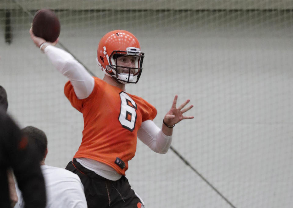 Cleveland Browns quarterback Baker Mayfield passes during rookie minicamp at the NFL football team’s training camp facility, Friday, May 4, 2018, in Berea, Ohio. (AP Photo/Tony Dejak)