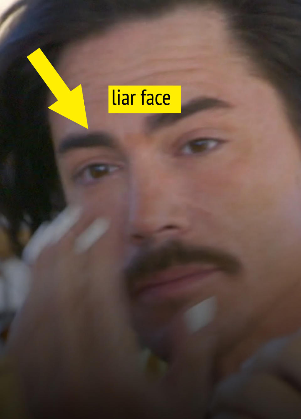 Tom Sandoval close up with an arrow that says "liar face"