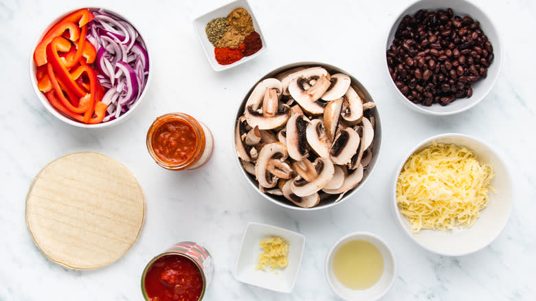 Mushroom enchilada ingredients laid out