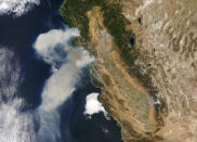 <p>The Moderate Resolution Imaging Spectroradiometer (MODIS) on NASAâs Terra satellite acquired a natural-color image of the smoke billowing from wildfires in northern California on Oct. 9, 2017. Parts of Northern California have been ravaged by intense and fast-burning wildfires that broke out on Oct. 8, 2017. Blazes that started on a few hundred acres around Napa Valley were fanned by strong northeasterly winds, and by Oct. 10, the 14 fires had consumed as much as 100,000 acres (150 square miles) of land. States of emergency have been declared in Napa, Sonoma, Yuba, and Mendocino counties, and thousands of people were asked to evacuate. (Photo: Joshua Stevens, using MODIS data from LANCE/EOSDIS Rapid Response/NASA) </p>