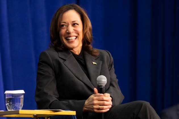US Vice President Kamala Harris speaks about reproductive freedoms, at Salus University in Elkins Park, Pennsylvania, on May 8, 2024.  - Credit: RYAN COLLERD/AFP/Getty Images