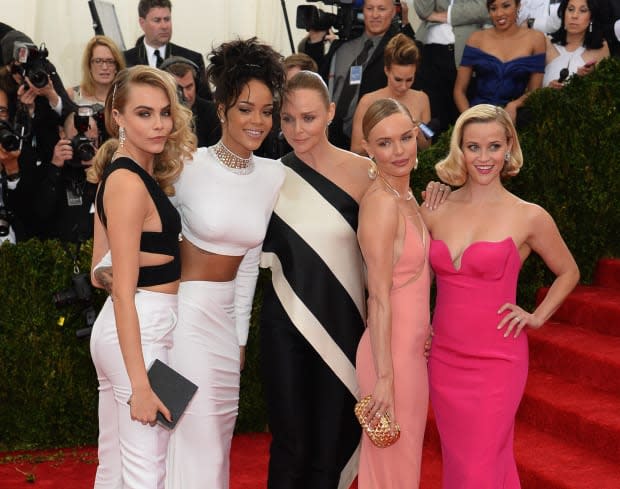 Cara Delevingne, Rihanna, Stella McCartney, Kate Bosworth and Reese Witherspoon at the "Charles James: Beyond Fashion" Met Gala in 2014. 