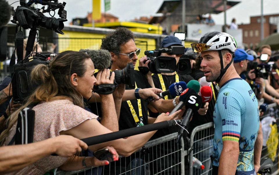 Mark Cavendish speaks to the media ahead of stage three