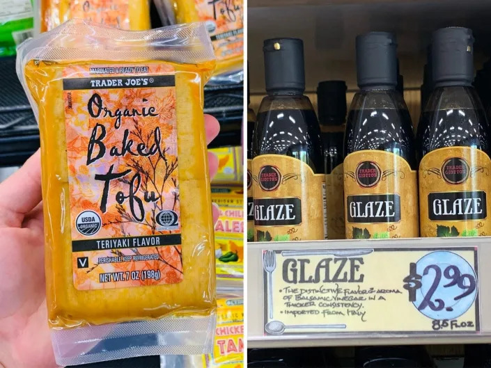 On the left, hand holding pack of Trader Joe’s baked tofu. On the right, Bottles of balsamic glaze on shelf at Trader Joe’s.