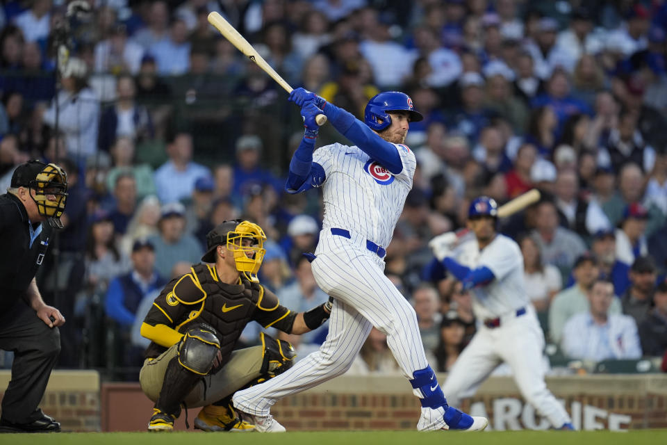 Chicago Cubs' Cody Bellinger watches his home run against the San Diego Padres during the fourth inning of a baseball game Tuesday, May 7, 2024, in Chicago. (AP Photo/Erin Hooley)