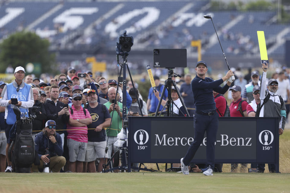 England's Justin Rose plays from the 4th tee during a practice round at the British Open golf championship on the Old Course at St. Andrews, Scotland, Wednesday July 13, 2022. The Open Championship returns to the home of golf on July 14-17, 2022, to celebrate the 150th edition of the sport's oldest championship, which dates to 1860 and was first played at St. Andrews in 1873. (AP Photo/Peter Morrison)