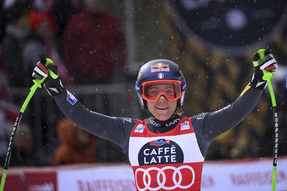 Sofia Goggia of Italy reacts in the finish area during an alpine ski, women’s World Cup downhill race in Crans Montana, Switzerland, Sunday, Feb. 26, 2023. (Alessandro della Valle/Keystone via AP)