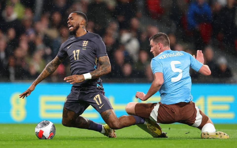 Ivan Toney of England is fouled by Jan Vertonghen of Belgium