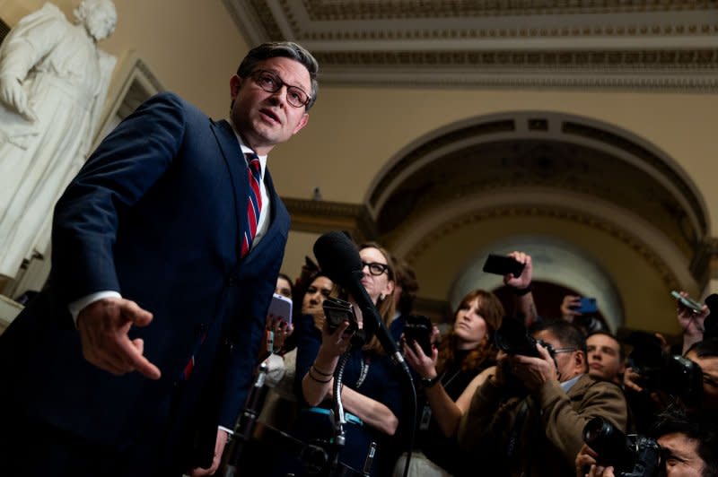 House Speaker Mike Johnson, R-La., speaks to reporters following a closed-door meeting with Ukrainian President Volodymyr Zelensky at the U.S. Capitol on Tuesday. Photo by Julia Nikhinson/UPI