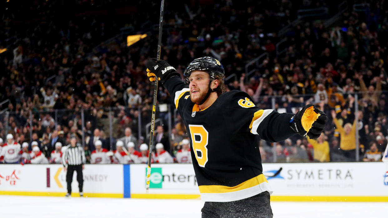 BOSTON, MASSACHUSETTS - DECEMBER 01: David Pastrnak #88 of the Boston Bruins celebrates after scoring a goal against the Montreal Canadiens during the third period at TD Garden on December 01, 2019 in Boston, Massachusetts. The Bruins defeat the Canadiens 3-1.  (Photo by Maddie Meyer/Getty Images)