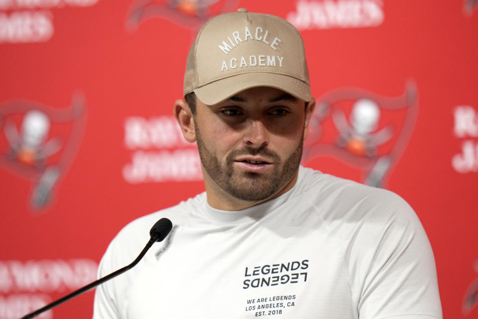 Tampa Bay Buccaneers quarterback Baker Mayfield speaks during a news conference after the Buccaneers defeated the Baltimore Ravens 26-20 in an NFL preseason football game Saturday, Aug. 26, 2023, in Tampa, Fla. (AP Photo/Chris O'Meara)