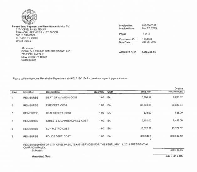 Former state Rep. Beto O'Rourke's camp paid El Paso; former President Donald Trump's camp did not. (Photo: Screen shot of El Paso invoice to Trump campaign)