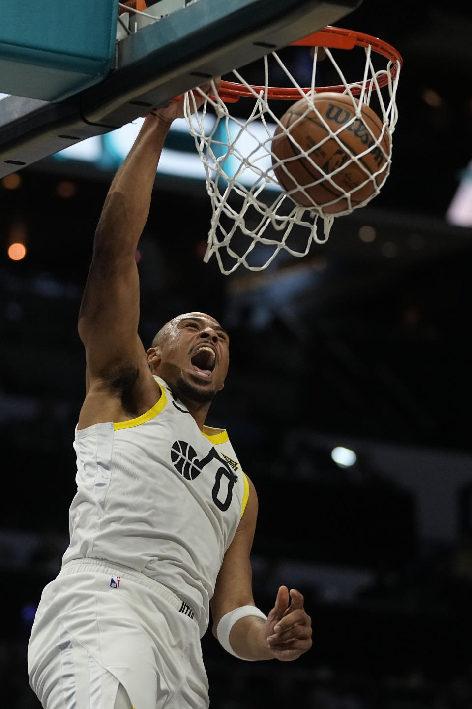 Utah Jazz guard Talen Horton-Tucker dunks against the Charlotte Hornets during the first half of an NBA basketball game on Saturday, March 11, 2023, in Charlotte, N.C. (AP Photo/Chris Carlson)