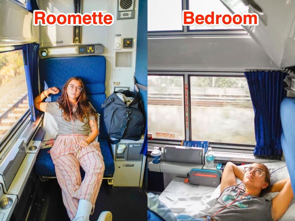 Left: The author sits in a blue seat in an Amtrak roomette with a window on the left. Right: The author lies down in a bedroom on an Amtrak train with a window behind her.