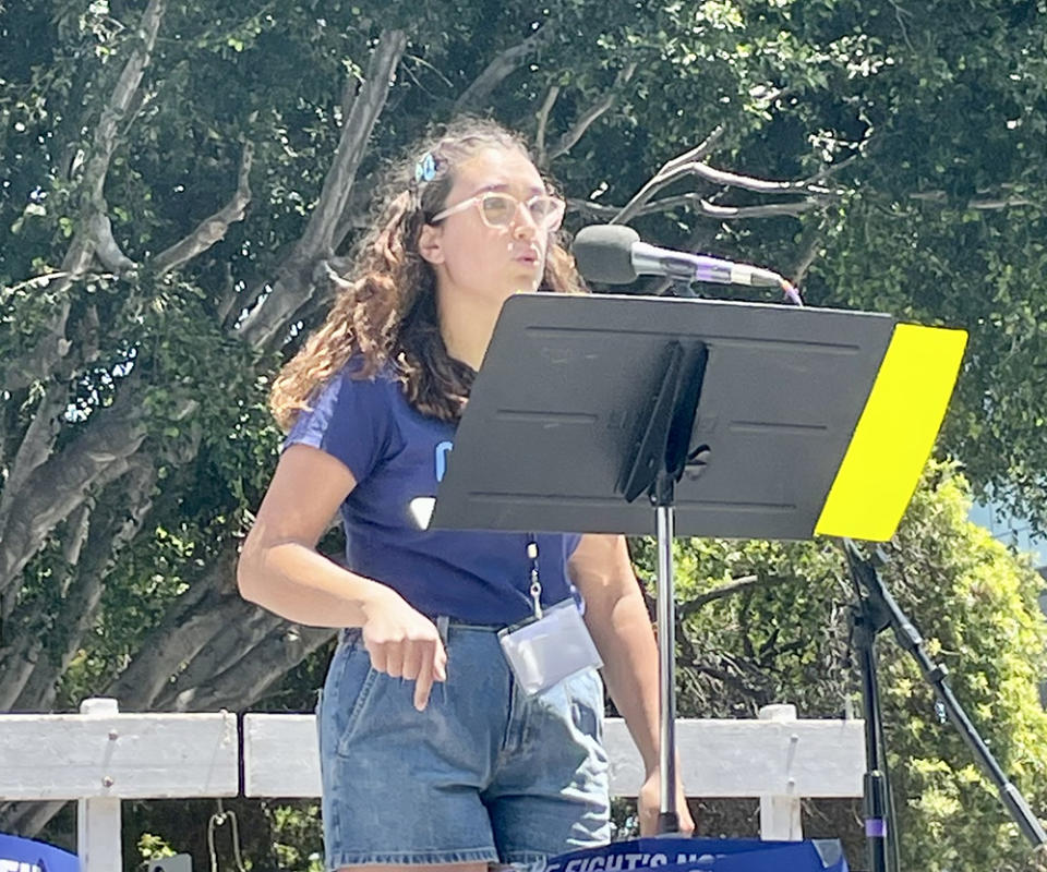 Mia Tretta of Santa Clarita, California, was one of several school shooting survivors and advocates who spoke at the Los Angeles March for Our Lives event. (Linda Jacobson)