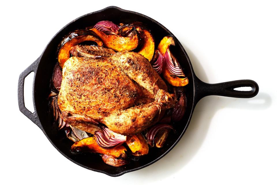 Cast-Iron Roast Chicken with Winter Squash, Red Onions, and Pancetta