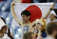 <p>Japan’s sad fans react disappointed after losing the round of 16 match between Belgium and Japan at the 2018 soccer World Cup in the Rostov Arena, in Rostov-on-Don, Russia, Monday, July 2, 2018. (AP Photo/Petr David Josek) </p>