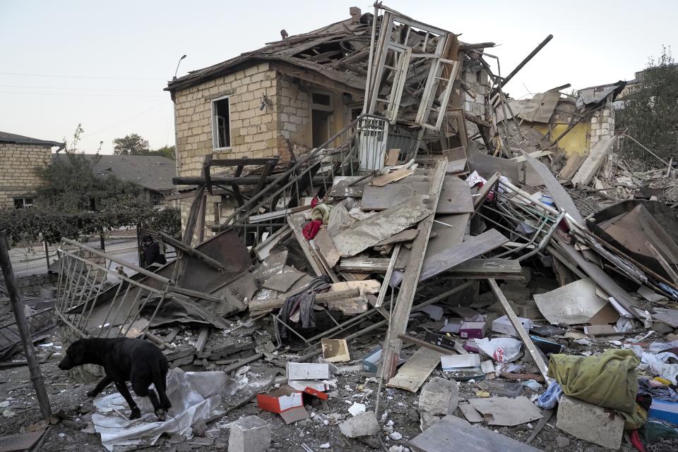 A general view of a destroyed after shelling by Azerbaijan's artillery house during a military conflict in Stepanakert, the separatist region of Nagorno-Karabakh, Saturday, Oct. 17, 2020.Nagorno-Karabakh, which lies within Azerbaijan but has been under the control of ethnic Armenian forces since a war there ended in 1994, faces an outbreak of the coronavirus amid the largest outbreak of hostilities in more than a quarter-century. (AP Photo)