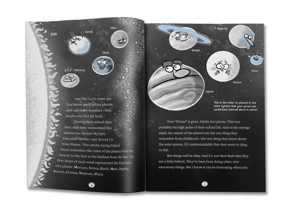 Pages from the book “How to Teach Grown-Ups About Pluto” by Dean Regas, illustrated by Aaron Blecha.