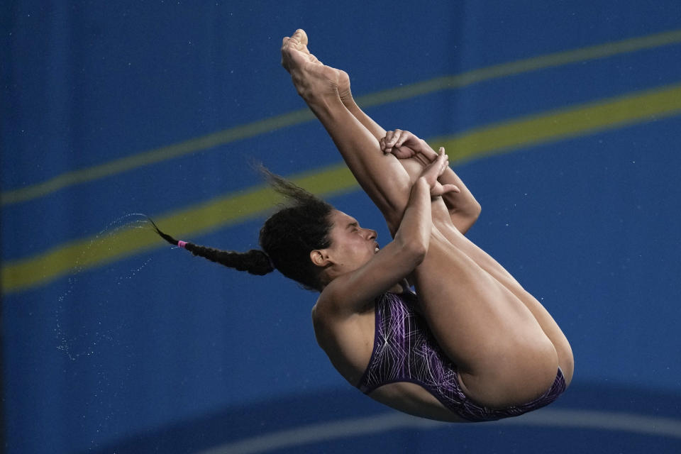 Mexico's Gabriela Agundez competes in the women's diving 10-meter platform preliminary round at the Pan American Games in Santiago, Chile, Friday, Oct. 20, 2023. (AP Photo/Eduardo Verdugo)