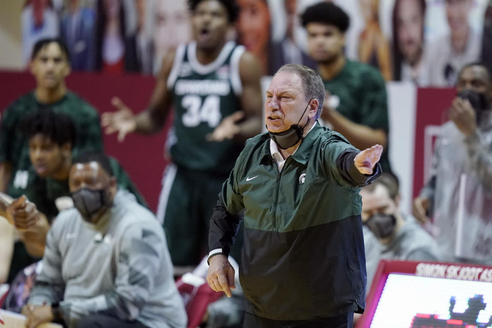 Michigan State head coach Tom Izzo shouts during the second half of an NCAA college basketball game against Indiana, Saturday, Feb. 20, 2021, in Bloomington, Ind. Michigan State won 78-71. (AP Photo/Darron Cummings)