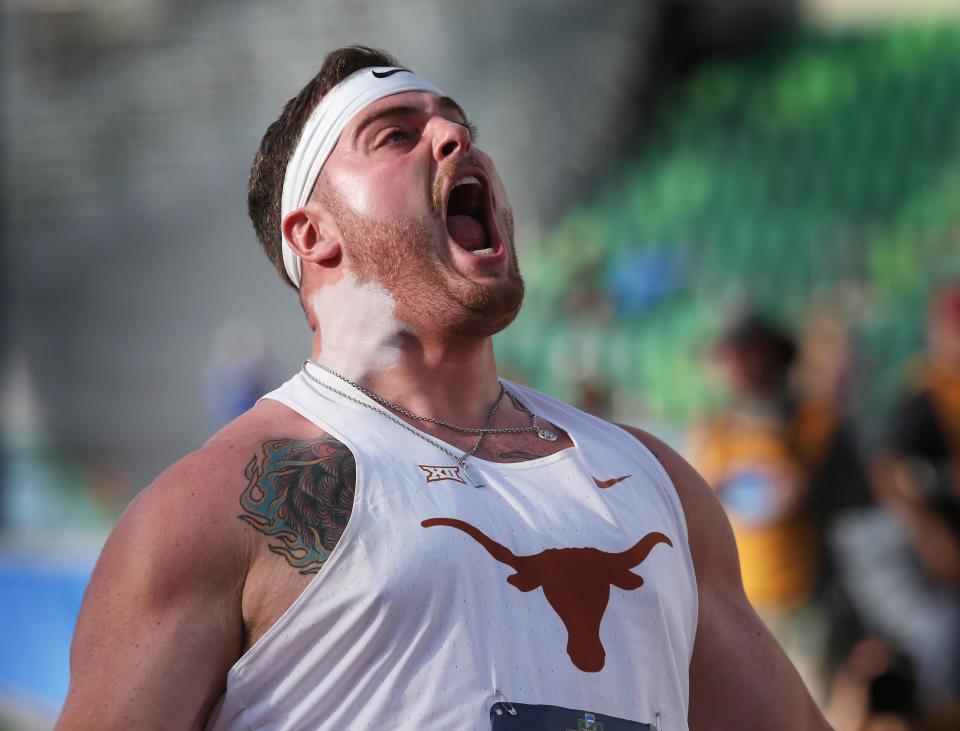 Texas's Adrian Piperi lets out a yell after his first shot put throw on the first day of the NCAA Outdoor Track & Field Championships Wednesday June 8, 2022 at Hayward Field in Eugene, Ore.