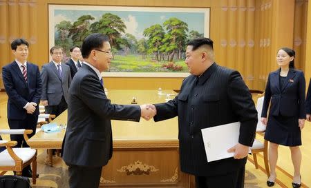 North Korean leader Kim Jong Un greets Chung Eui-yong, head of the presidential National Security Office, in Pyongyang, North Korea, March 6, 2018. The Presidential Blue House/Yonhap via REUTERS