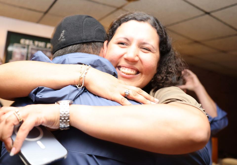 Brockton City Councilor-at-large Rita Mendes celebrates at Home Cafe after winning the Democratic nomination for the 11th Plymouth District state representative seat on Tuesday, Sept. 6, 2022.