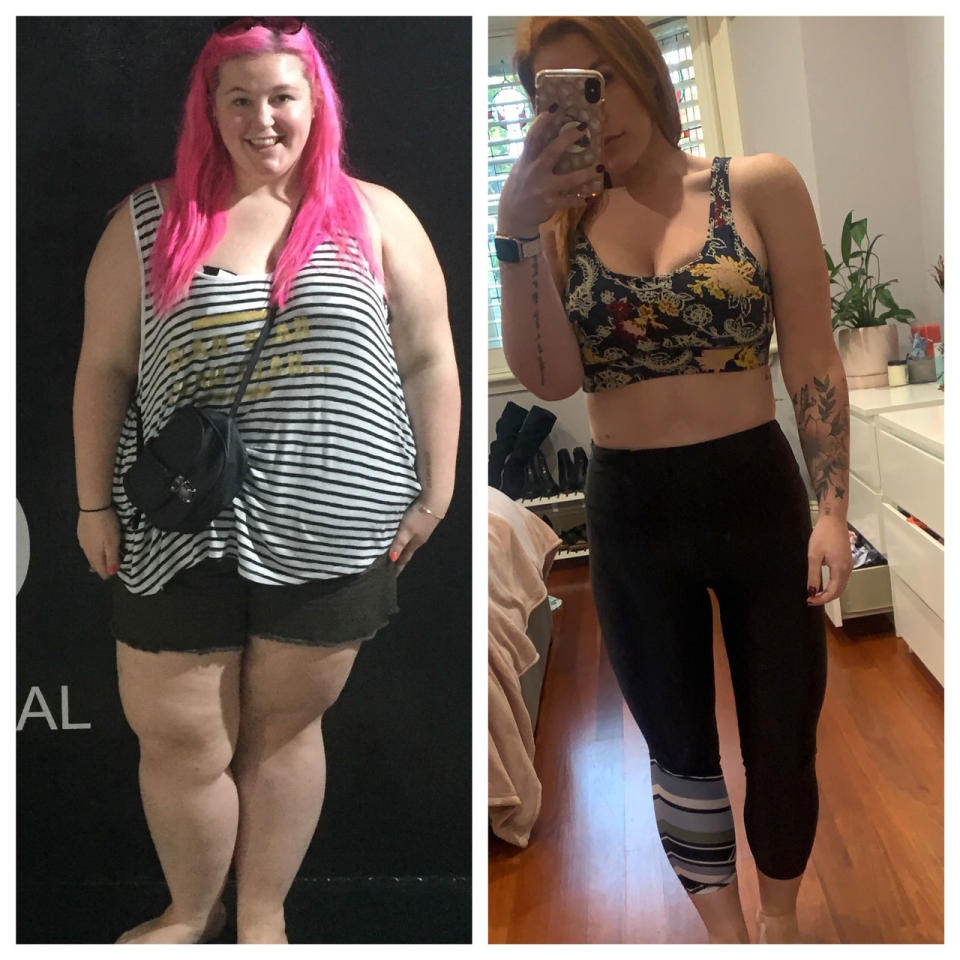 Woman with pink hair and after her body transformation 