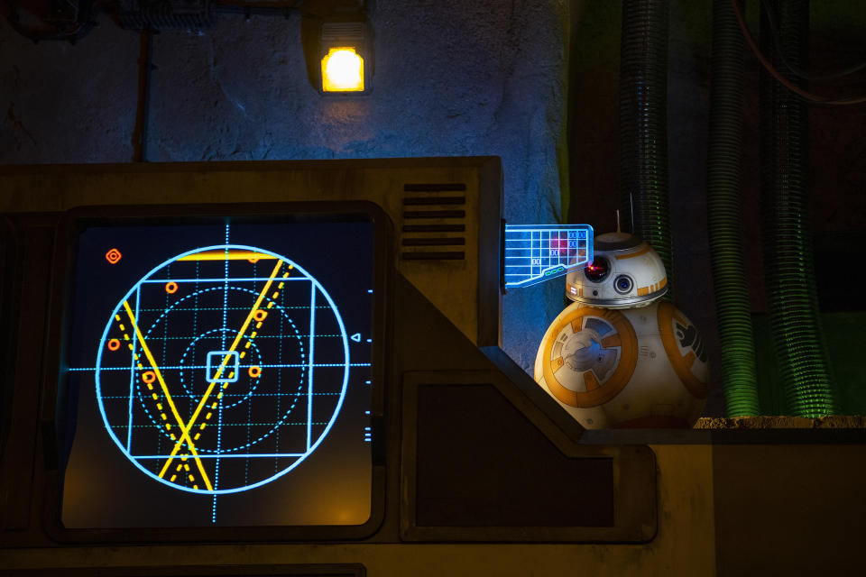 BB-8 greets guests inside the makeshift briefing room as part of Star Wars: Rise of the Resistance, the groundbreaking new attraction opening Dec. 5, 2019, inside Star Wars: Galaxyâs Edge at Disneyâs Hollywood Studios in Florida and Jan. 17, 2020, at Disneyland Park in California that takes guests into a climactic battle between the Resistance and the First Order. (Matt Stroshane, photographer)