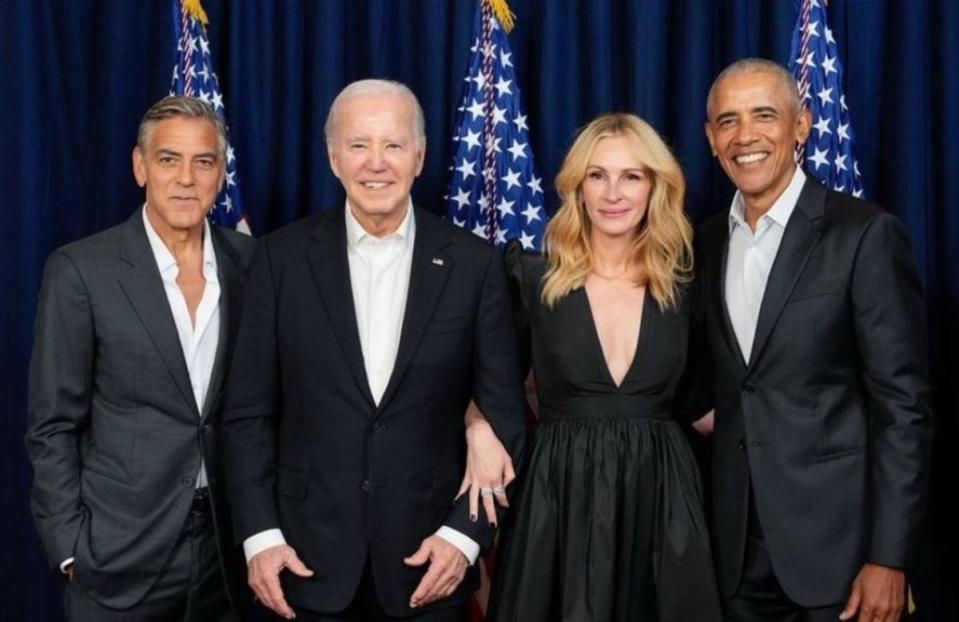 Joe Biden and Barack Obama pose for a photo with actors George Clooney and Julia Roberts at a fundraiser Saturday evening in Los Angeles (X/@mmpadellan)