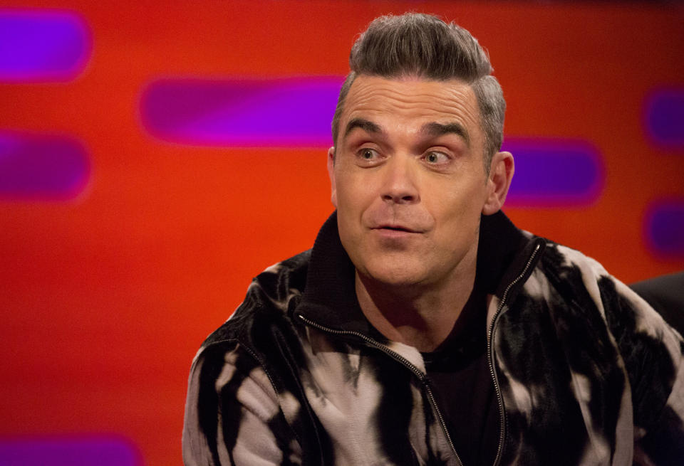 Robbie Williams during filming of the Graham Norton Show at The London Studios, to be aired on BBC One on Friday. PRESS ASSOCIATION. Picture date: Thursday November 30, 2017. Photo credit should read: Isabel Infantes/PA Wire