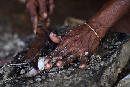 A Rohingya refugee woman slices fish for drying whilst working at Nazirartek fish drying yard near Cox's Bazaar, Bangladesh, March 25, 2018. REUTERS/Clodagh Kilcoyne