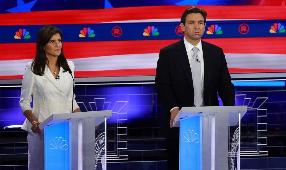 PHOTO: Republican presidential candidates U.N. Ambassador Nikki Haley, and Florida Gov. Ron DeSantis participate in the NBC News Republican Presidential Primary Debate on Nov. 8, 2023, in Miami, Fla. (Joe Raedle/Getty Images)