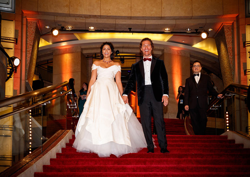 <p>The former Oscar winner and his wife looked like absolute royalty as they posed on the steps of the Hollywood & Highland Center at the 90th annual Academy Awards on Sunday. (Photo: Christopher Polk/Getty Images) </p>