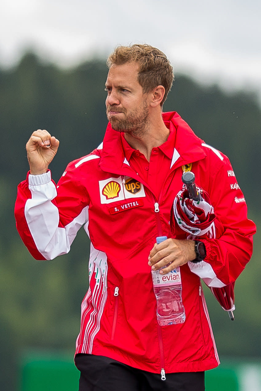 No, I’ve no idea either: Sebastian Vettel gets the ol’ invisible trumpet out at the Red Bull Ring, in the build-up to the 2018 Austrain Grand Prix