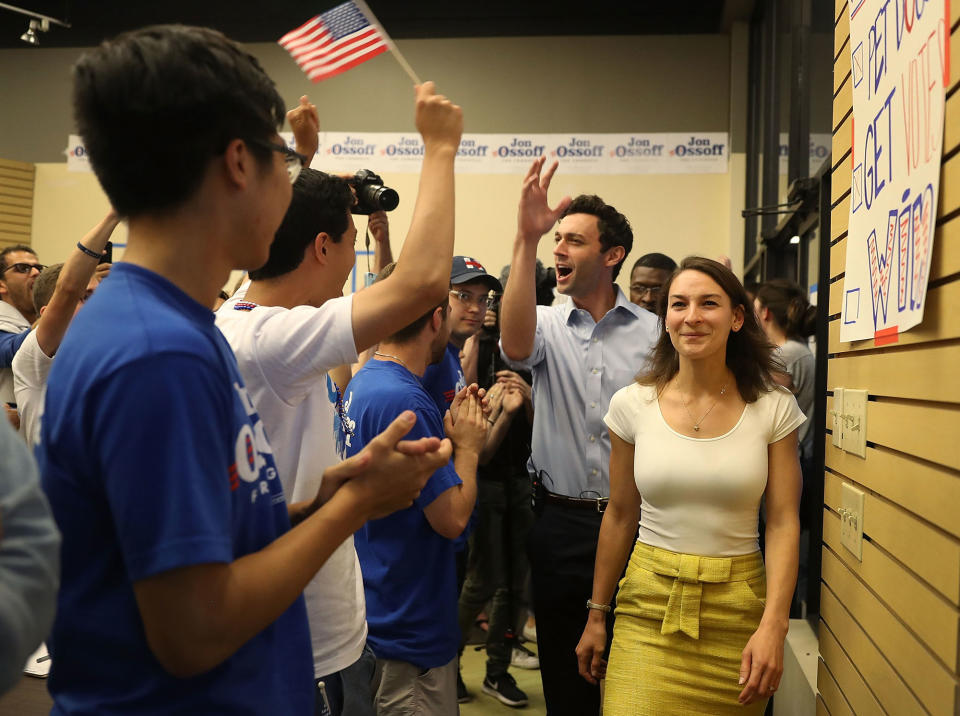 Jon Ossoff with fiancee, Alisha Kramer, thanks volunteers and supporters