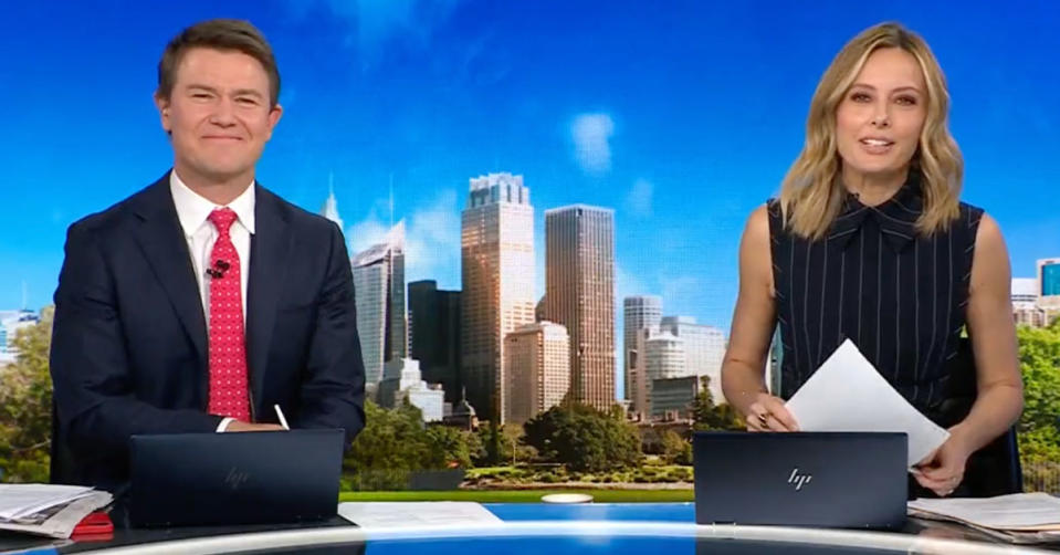 Karl Stefanovic missing from the Today desk, Allison Langdon and replacement newsreader sit in seats instead