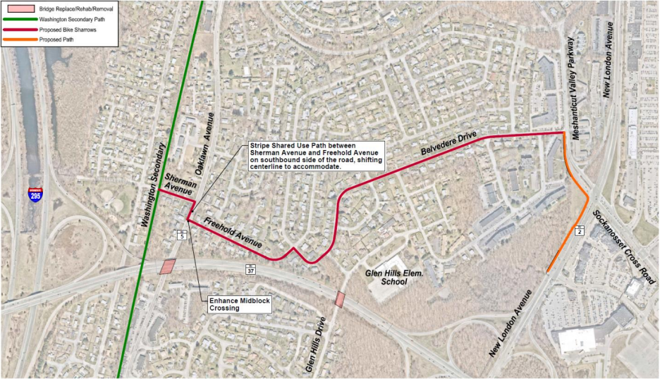 A map of the proposed bike route to Chapel View shopping center in Cranston.