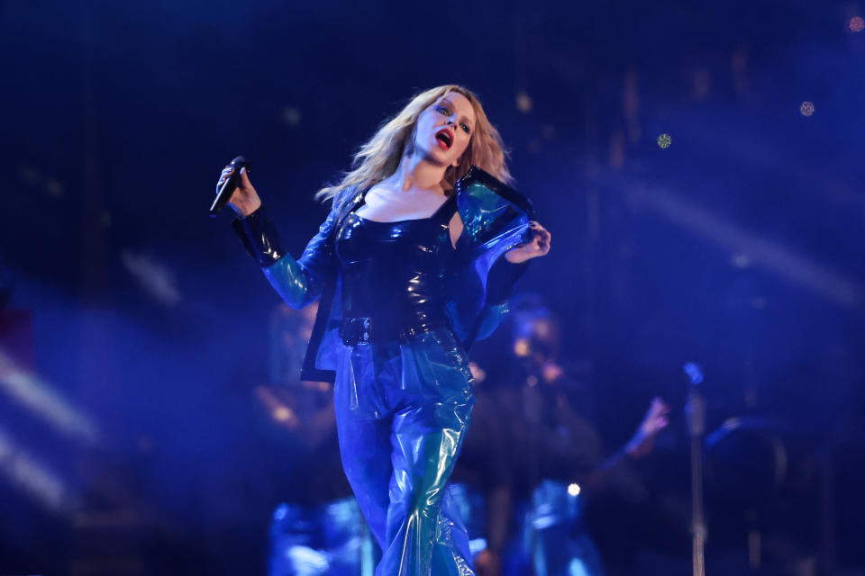 LEICESTER, ENGLAND - SEPTEMBER 17: Kylie Minogue performs on stage at BBC Radio 2 In The Park 2023 at Victoria Park on September 17, 2023 in Leicester, England. (Photo by Cameron Smith/Getty Images)