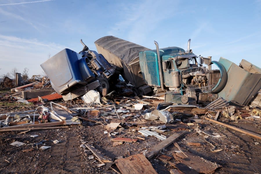 ROLLING FORK, MISSISSIPPI – MARCH 26: Destroyed cars and trucks remain scattered around town after it was hit Friday by an EF-4 tornado on March 26, 2023 in Rolling Fork, Mississippi. At least 26 people died when the tornado ripped through the small town and other nearby communities. (Photo by Scott Olson/Getty Images)