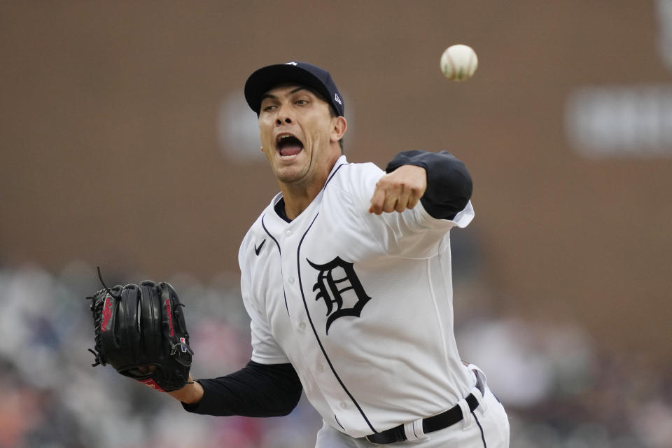 Detroit Tigers relief pitcher Andrew Vasquez throws during the sixth inning of a baseball game against the Tampa Bay Rays, Sunday, Aug. 6, 2023, in Detroit. (AP Photo/Carlos Osorio)
