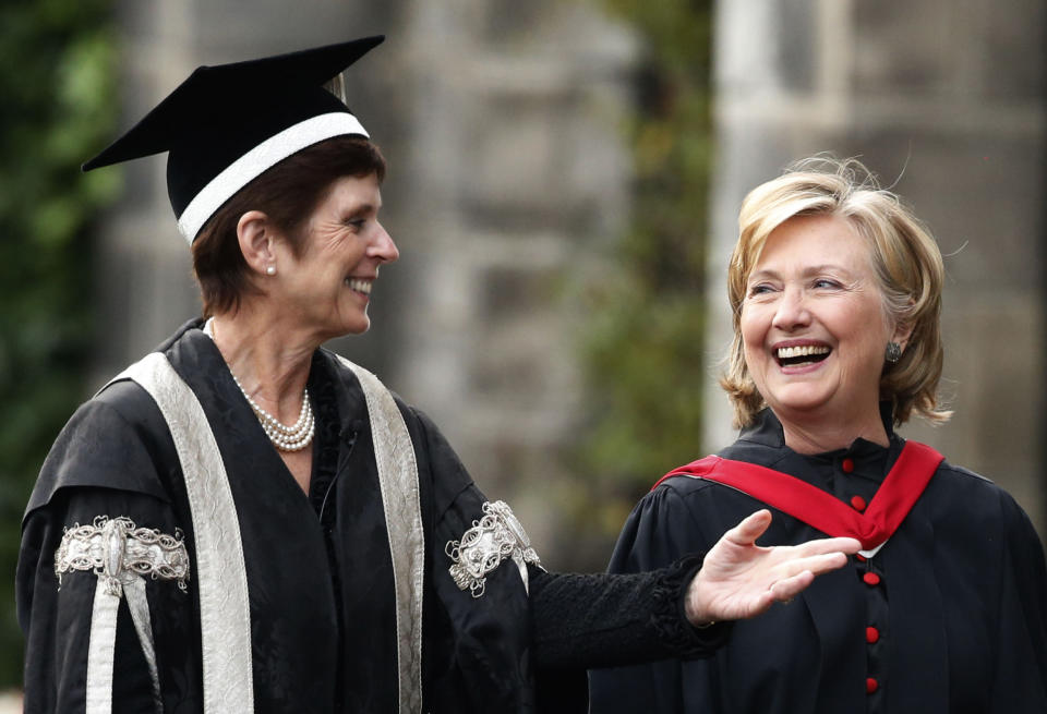 Hillary Clinton with St Andrews University principal and vice-chancellor Professor Louise Richardson (left) after receiving an honorary degree from St Andrews University.