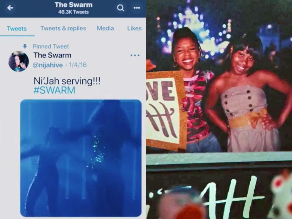 A side-by-side image of a screengrab of a Ni'Jah Twitter account, and photos of Marissa and Dre at a Ni'Jah concert together in "Swarm."