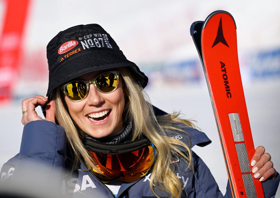 Mikaela Shiffrin celebrates her 87th World Cup victory during the Alpine World Cup in Are, Sweden (Pontus Lundahl / AFP via Getty Images)