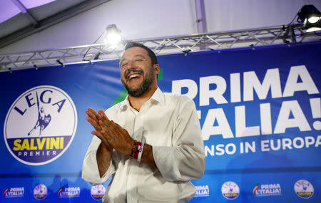 Deputy Prime Minister and League party leader Matteo Salvini reacts after a news conference at the League party headquarters, following the results of the European Parliament elections, in Milan, Italy May 27, 2019. REUTERS/Alessandro Garofalo